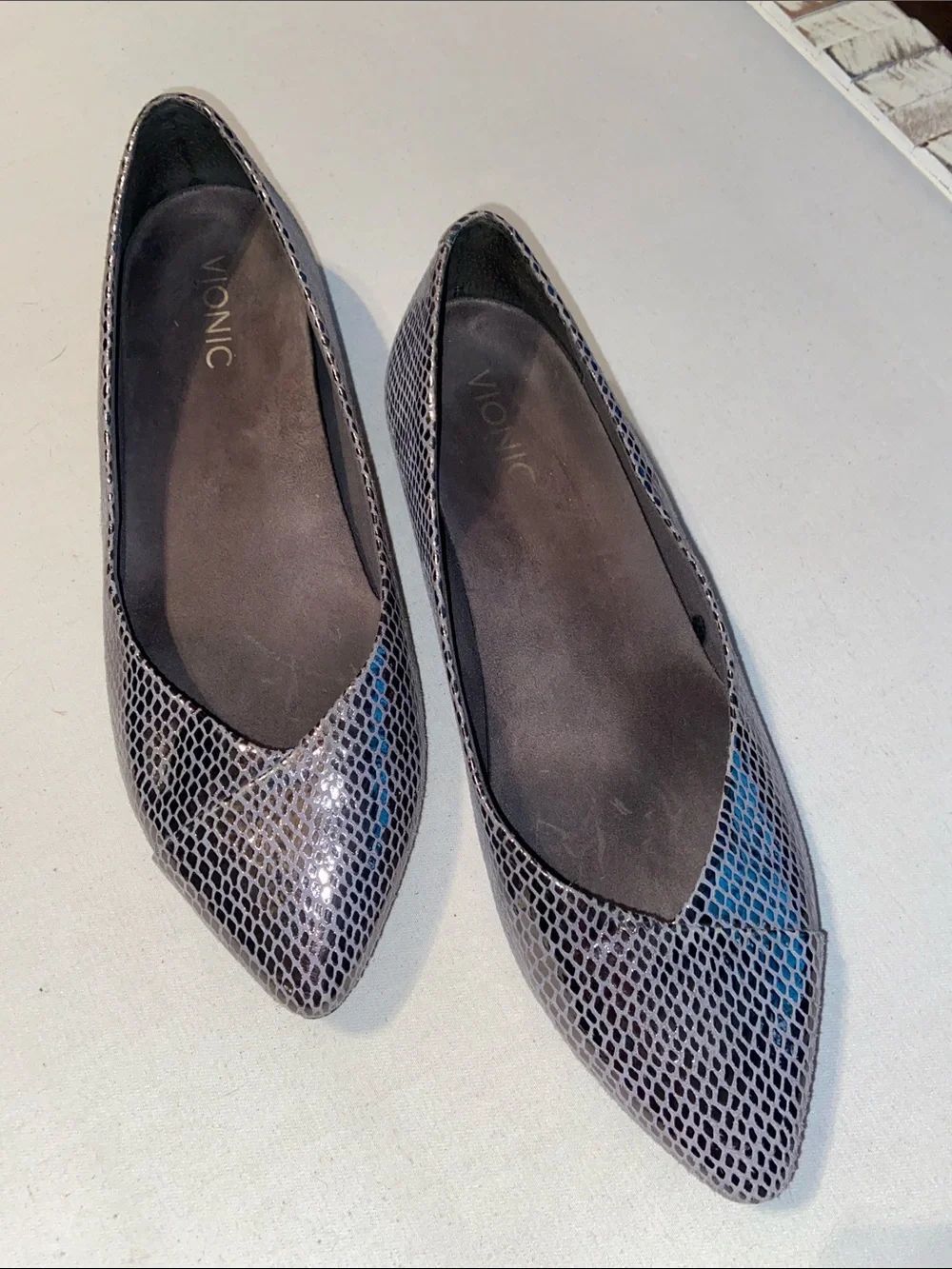 Vionic Pointed-Toe Snake-Print Ballet Flat in gunmetal